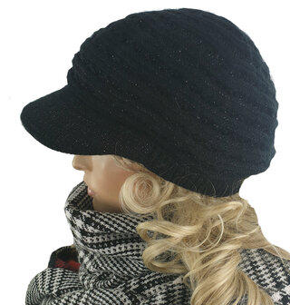 Gevoerde baret winterpet met glinsters kleur zwart maat one size