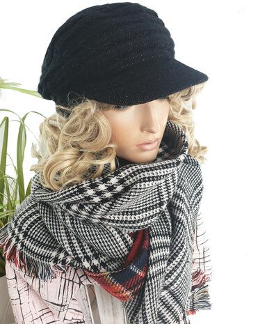 Gevoerde baret winterpet met glinsters kleur zwart maat one size