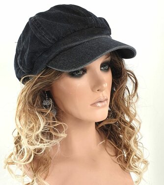 Bakerboy baret dames oversized ballonpet denim spijkerstof kleur antraciet zwart