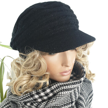 Gevoerde baret winterpet met glinsters kleur zwart maat one size