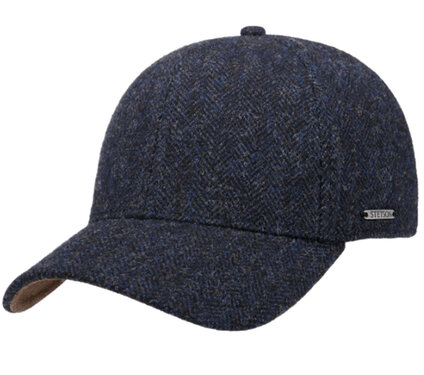 Stetson voorgevormde baseball cap van wol Herringbone visgraat motief kleur donkerblauw mêlee maat XXL 62 63 cm