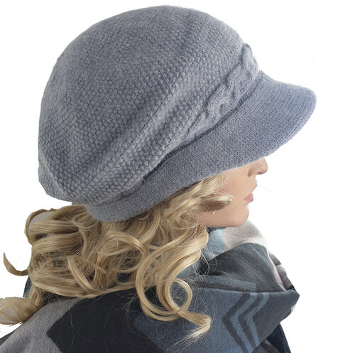 Gevoerde pet winter baret met klepje wintermuts kleur blauw grijs